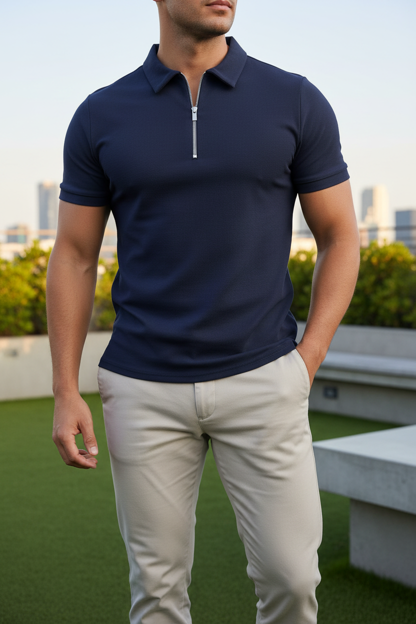 Navy Blue Zip Polo Shirt